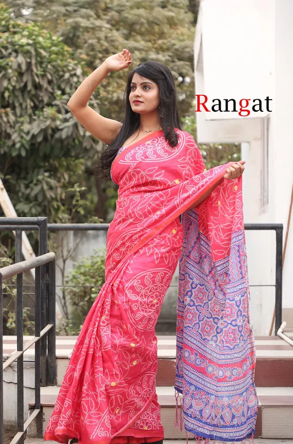 Handicraft_Women's_Bandhani_Print_Pure_Soft_Cotton_Saree_With_Zari_Border_And_Blouse_Piece_Rangat_Pink_With_Blouse_Piece
